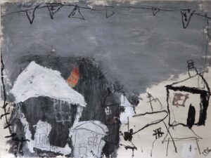 Rooftops.   Paintings by David Pearce. Mixed media on panel.