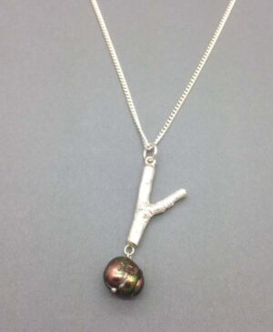 Short twig with bronze pearl necklace (37).   Jewellery by Holly Belsher. Silver & pearl.