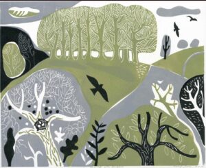 Landscape With Blackbird.   Prints by Melvyn Evans. Linocut.