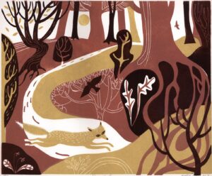 Running Fox.   Prints by Melvyn Evans. Linocut.
