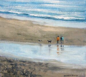 Chatting on the Beach North Sands.   Paintings by Caroline McMillan Davey. Oil on board.