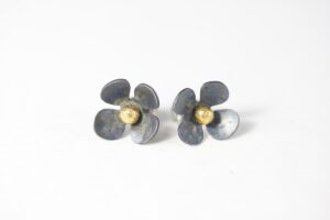 Small Black and Gold Buttercup Studs.   Jewellery by Yume Martin. Oxidised Silver.