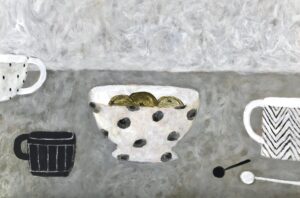 Polka Dot Bowl.   Paintings by Sarah Bowman. Oil on board.