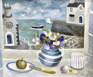 Sweetpeas and Apple.   Paintings by Sarah Bowman. Oil on board.
