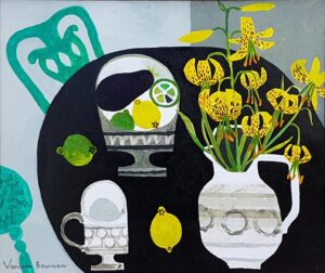 Yellow Lilies and Green Chairs.   Paintings by Vanessa Bowman. Oil on board.