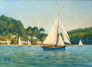 Pilot Cutter 'Eve', Leaving Salcombe.   Paintings by Michael Bowman. Oil on canvas.
