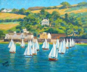 Salcombe Yawls, Racing off East Portlemouth.   Paintings by Michael Bowman. Oil on canvas.