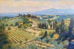 Vineyards Below San Gimignano.   Paintings by Michael Bowman. Oil on canvas.