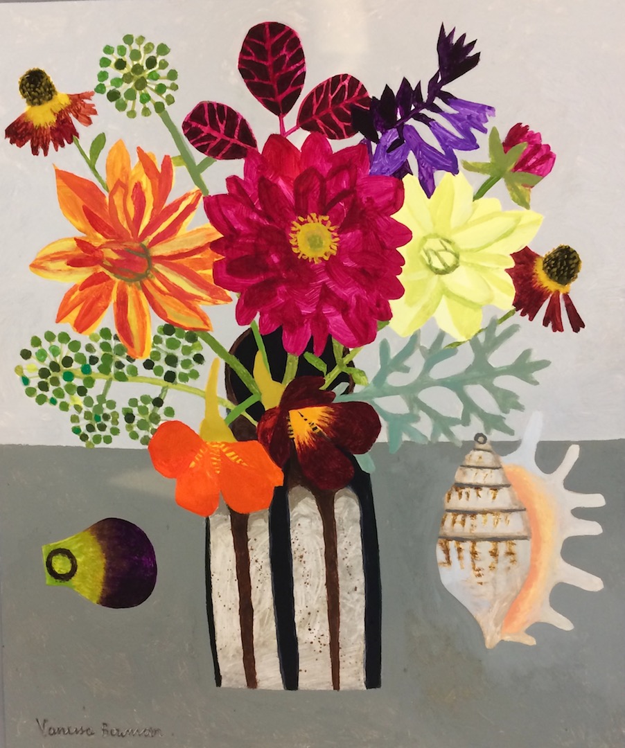 Dahlias and Shell.   Paintings by Vanessa Bowman. Oil on card.