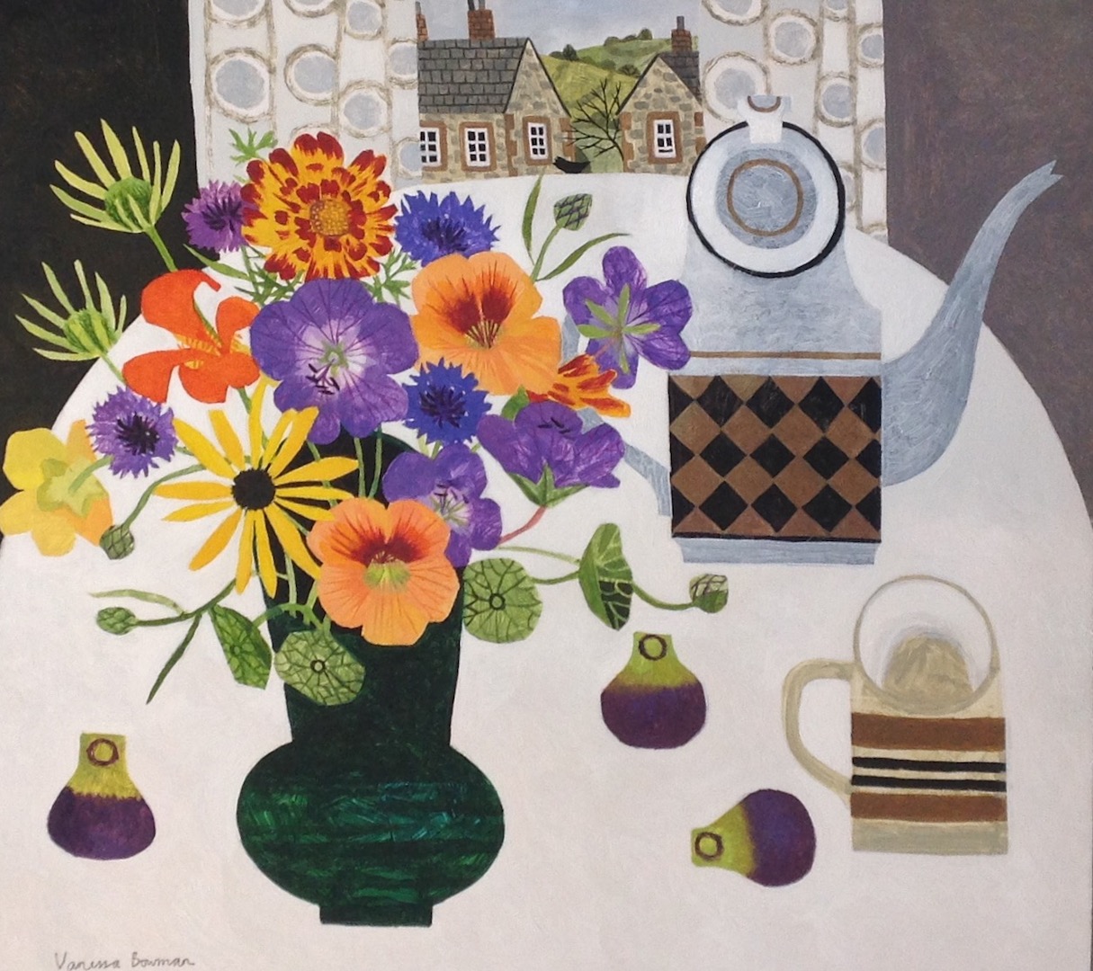 Georgina's Flowers and Coffeepot.   Paintings by Vanessa Bowman. Oil on card.