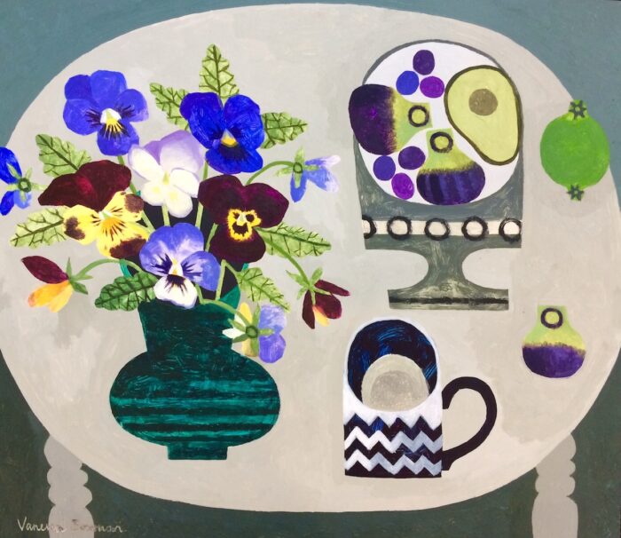 Dahlias and Shell.   Paintings by Vanessa Bowman. Oil on card.