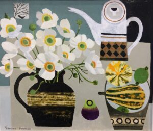 Dahlias and Shell.   Paintings by Vanessa Bowman. Oil on card.