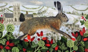 Leaping Winter Hare.   Paintings by Vanessa Bowman. Oil on card.