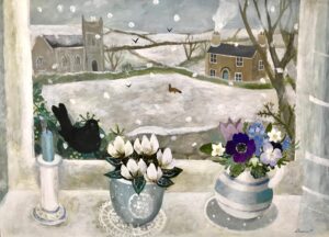 A Welcome Guest.   Paintings by Sarah Bowman. Oil on board.