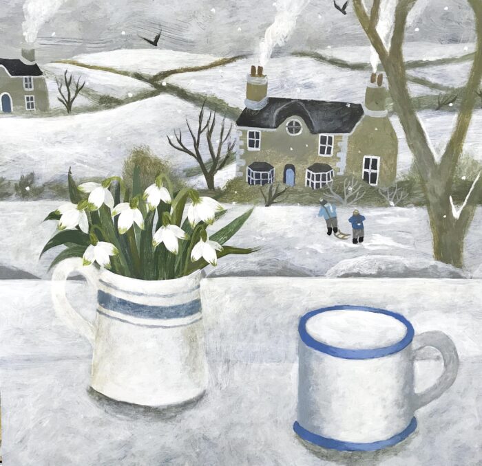 Snowdrops & Sledges.   Paintings by Sarah Bowman. Oil on board.