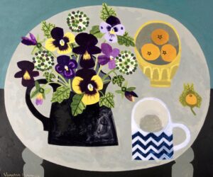 Pansies in Black Jug.   Paintings by Vanessa Bowman. Oil on board.