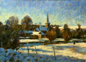Bradford Peverell, Winter Snow.   Paintings by Michael Bowman. Oil on board.