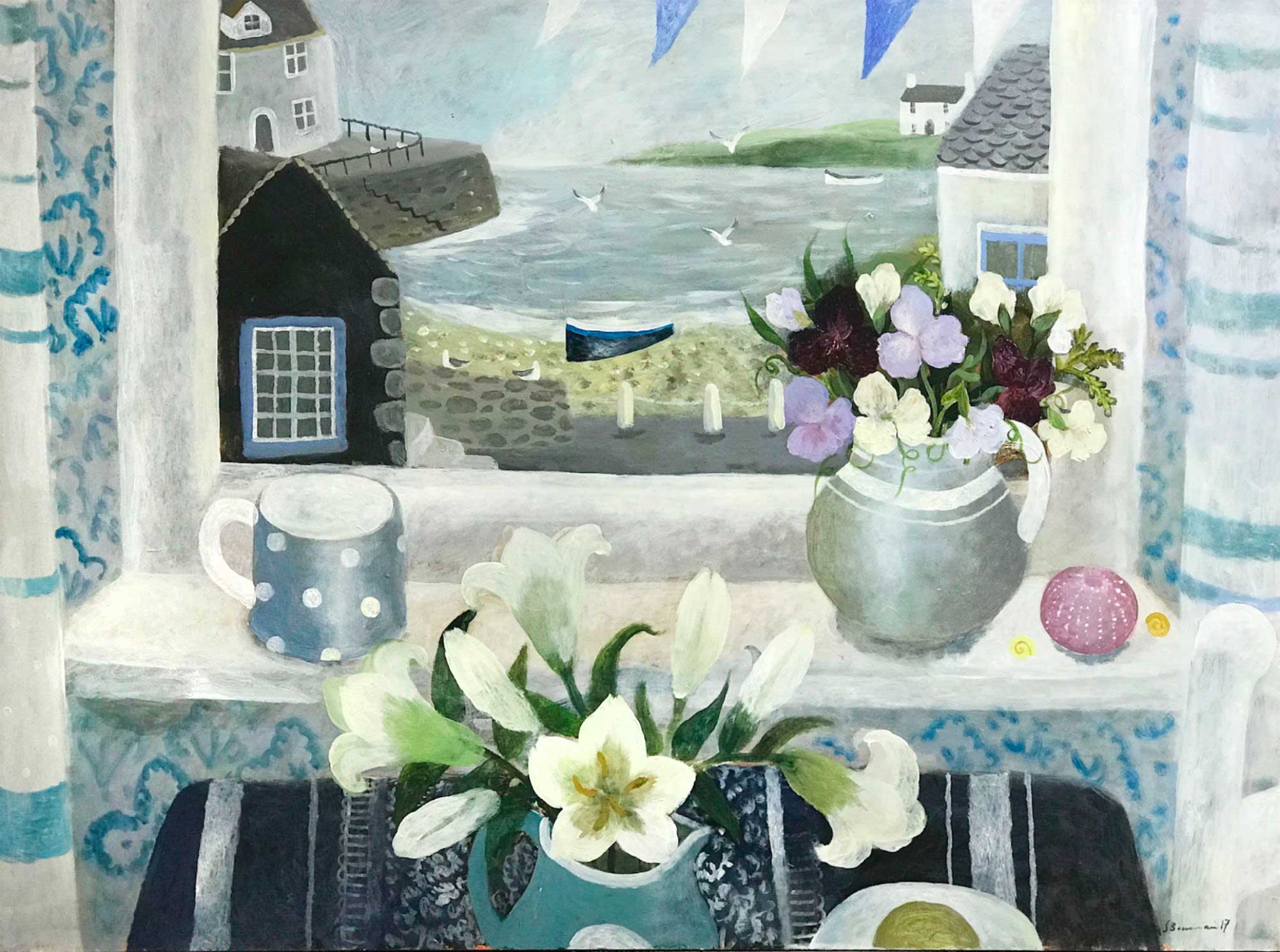 Sweetpeas and Lilies.   Paintings by Sarah Bowman. Oil on canvas.