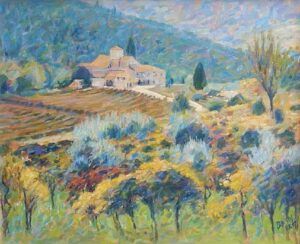 Farmhouse, Olive Grove and Vineyards, Castellina.   Paintings by Michael Bowman. Oil on canvas.