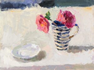 Camelias & Striped Mug.   Paintings by Lynne Cartlidge. Oil on board.