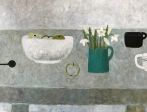 Apples & Narcissus.   Paintings by Sarah Bowman. Oil on canvas.