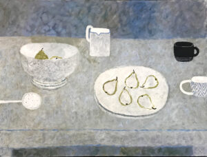 Seven Pears on Blue.   Paintings by Sarah Bowman. Oil on board.