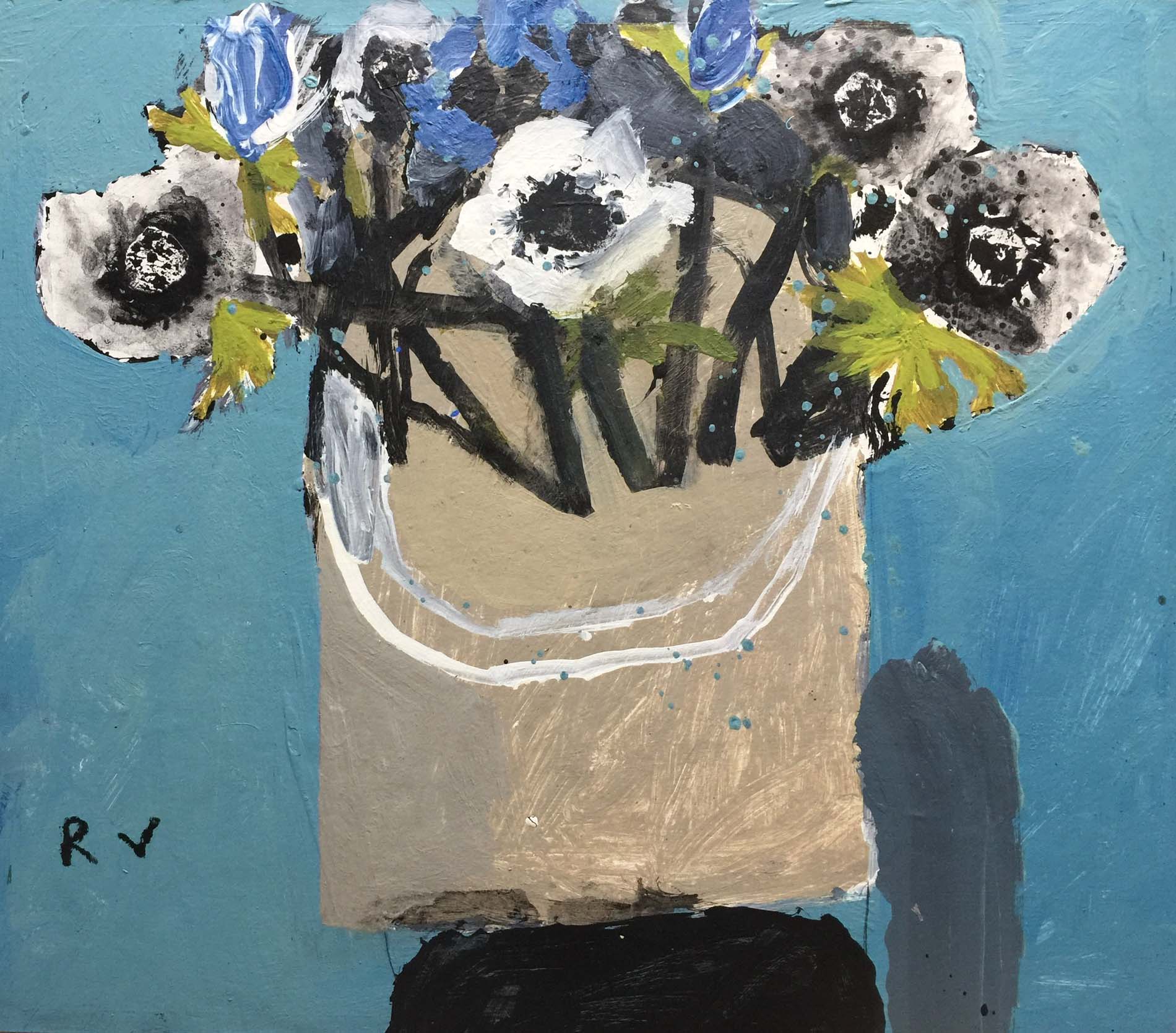 Blue & White Anemones.   Paintings by Uncategorised. Mixed media on board.