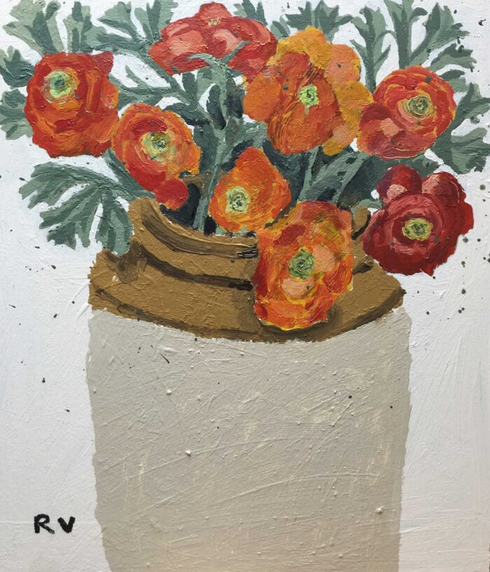 Orange & Red Ranunculi.   Paintings by Uncategorised. Acrylic on board.