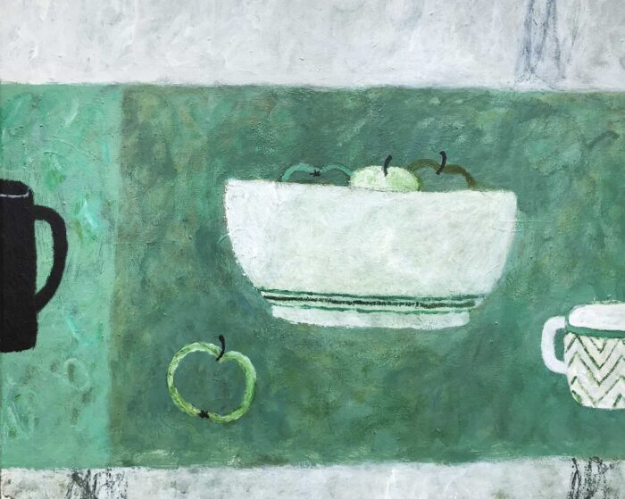 Lillies & Pears.   Paintings by Sarah Bowman. Oil on canvas.