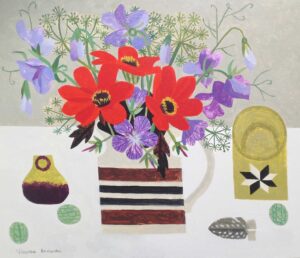 Three Red Dahlias.   Paintings by Vanessa Bowman. Oil on card.