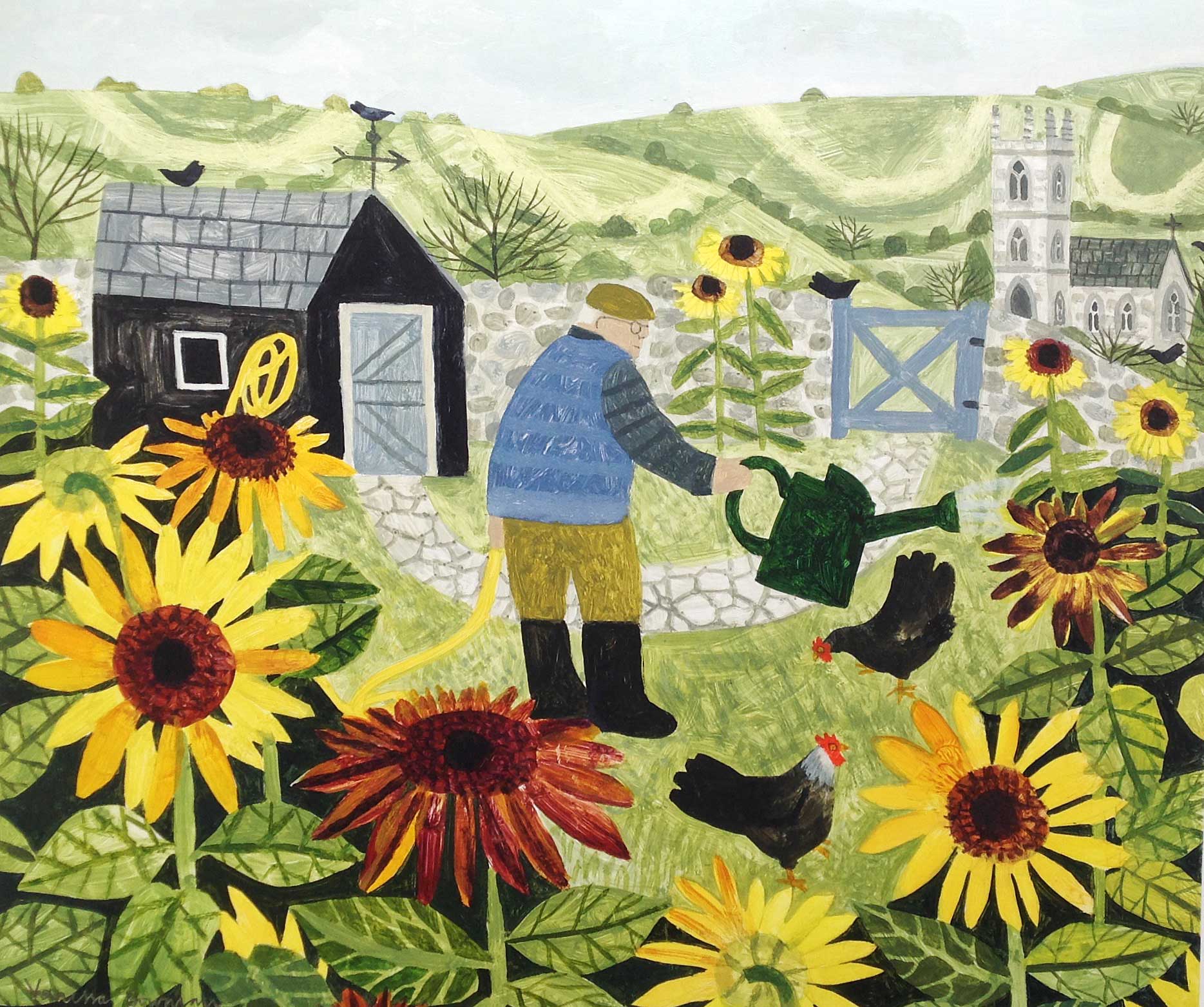 Watering the Sunflowers.   Paintings by Vanessa Bowman. Oil on card.