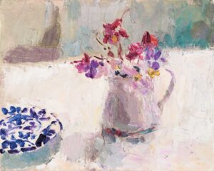 Summer Flowers With Blue Striped Bowl.   Paintings by Lynne Cartlidge. Oil on canvas.