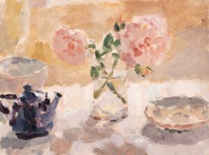 Summer Flowers With Blue Striped Bowl.   Paintings by Lynne Cartlidge. Oil on canvas.