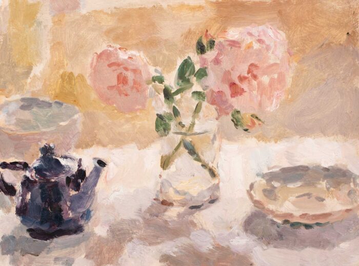 Summer Flowers With Blue Striped Bowl.   Paintings by Lynne Cartlidge. Oil on canvas.