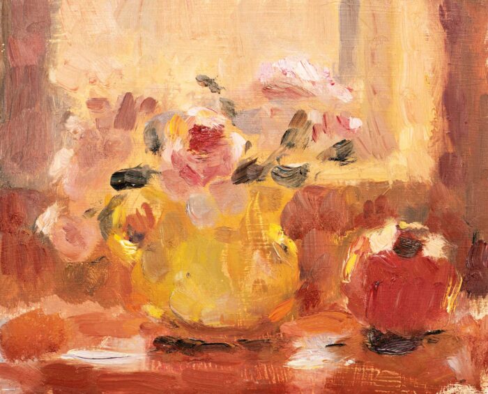 Summer Flowers With Blue Striped Bowl.   Paintings by Lynne Cartlidge. Oil on canvas.