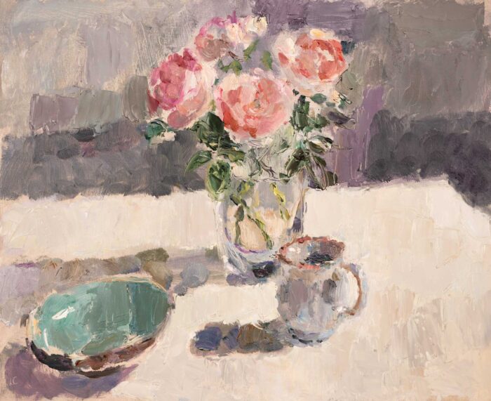 Roses with Turquoise Bowl & Blue Jug.   Paintings by Lynne Cartlidge. Oil on board.