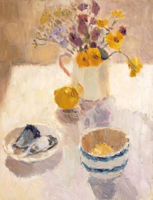 Summer Flowers With Blue Striped Bowl.   Paintings by Lynne Cartlidge. Oil on canvas.