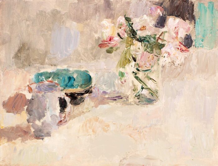 Summer Flowers With Blue Striped Bowl.   Paintings by Lynne Cartlidge. Oil on canvas.
