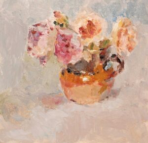 Summer Flowers With Blue Striped Bowl.   Paintings by Lynne Cartlidge. Oil on canvas.