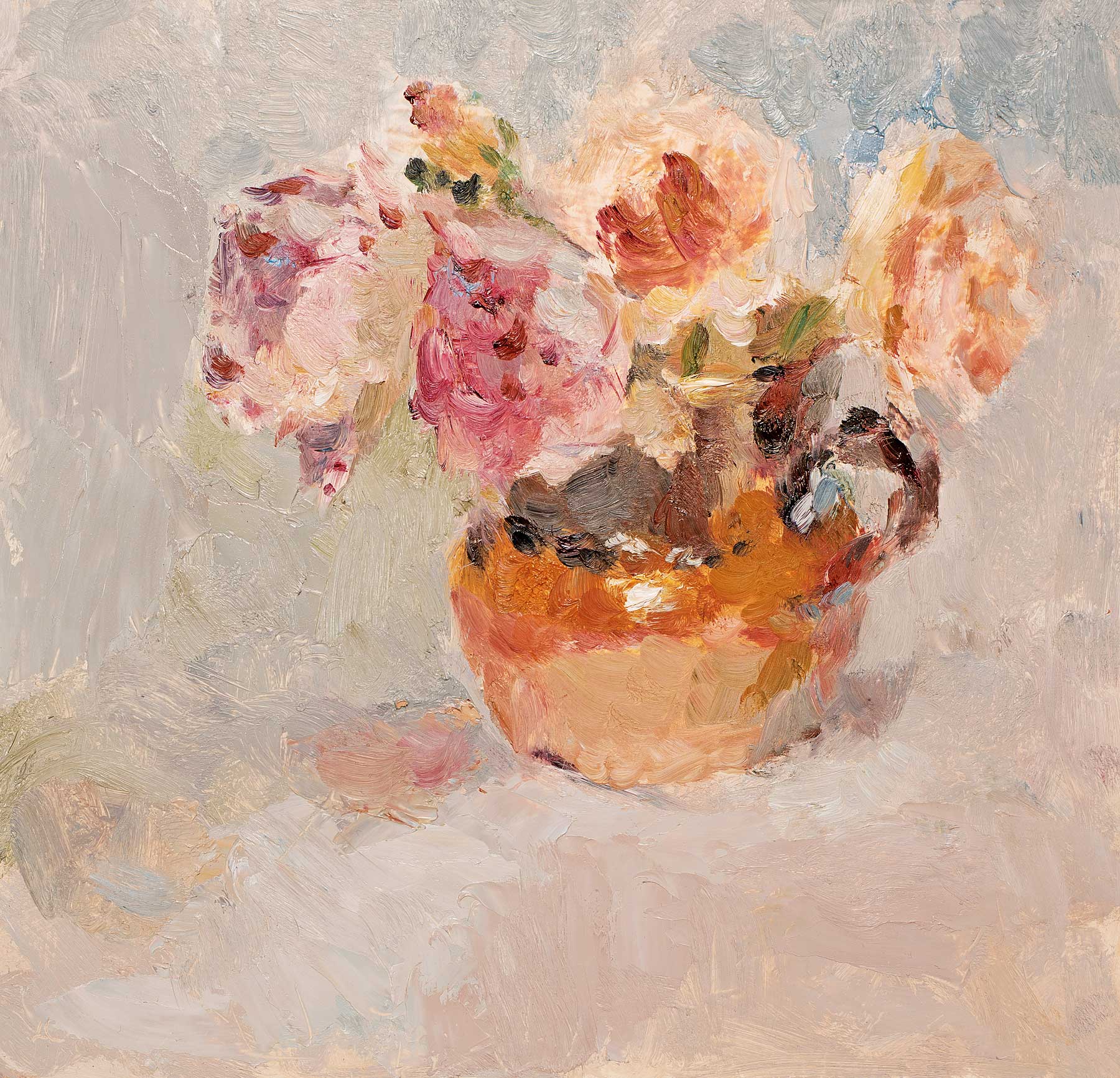 Summer Flowers With Blue Striped Bowl.   Paintings by Lynne Cartlidge. Oil on canvas.
