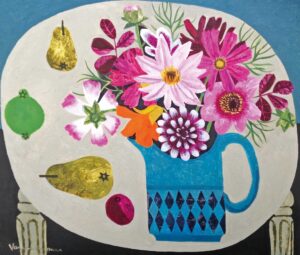 Dahlias, Cosmos & Pears.   Paintings by Vanessa Bowman. Oil on card.