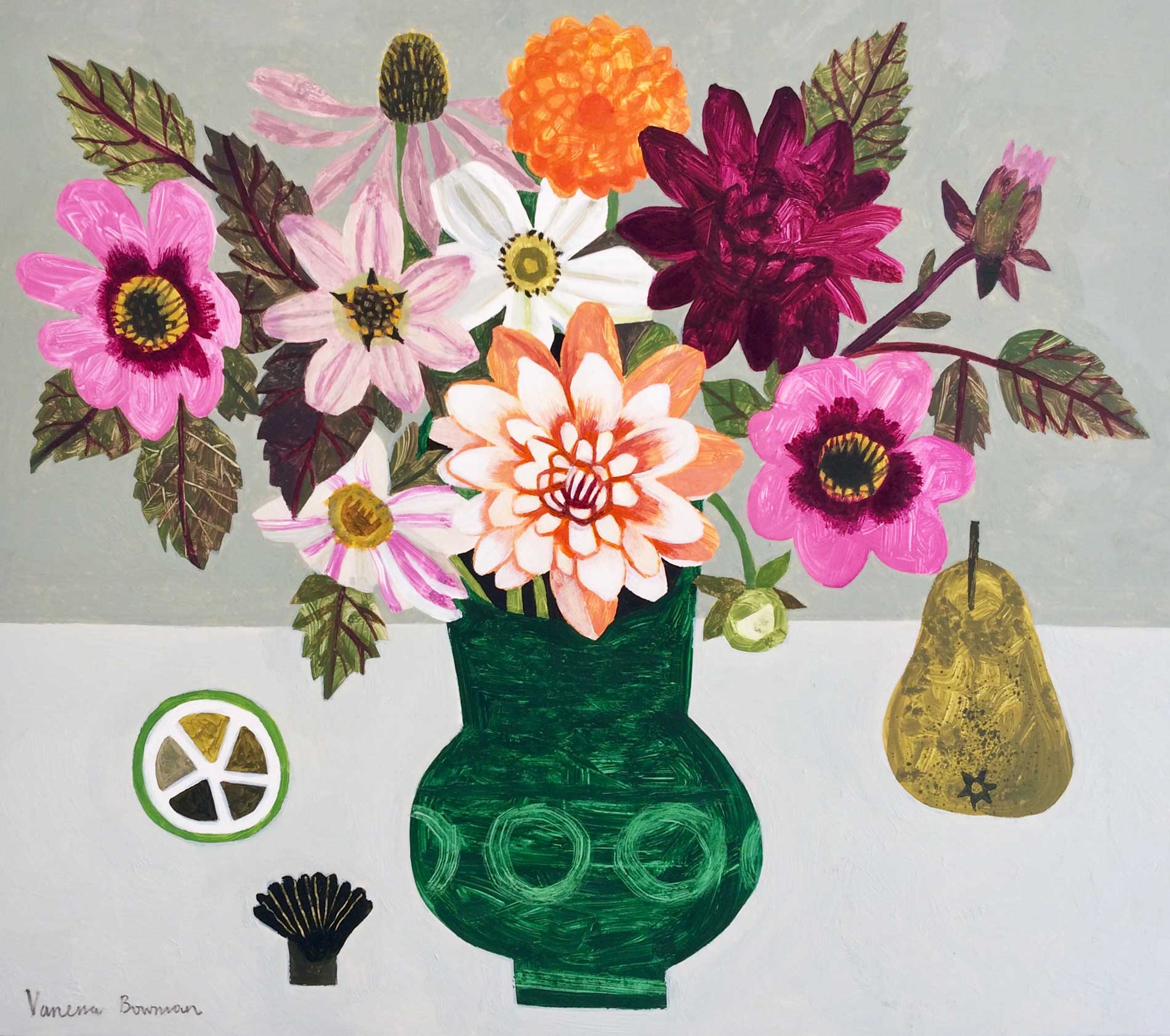 Dahlias, Green Vase & Pears.   Paintings by Vanessa Bowman. Oil on card.