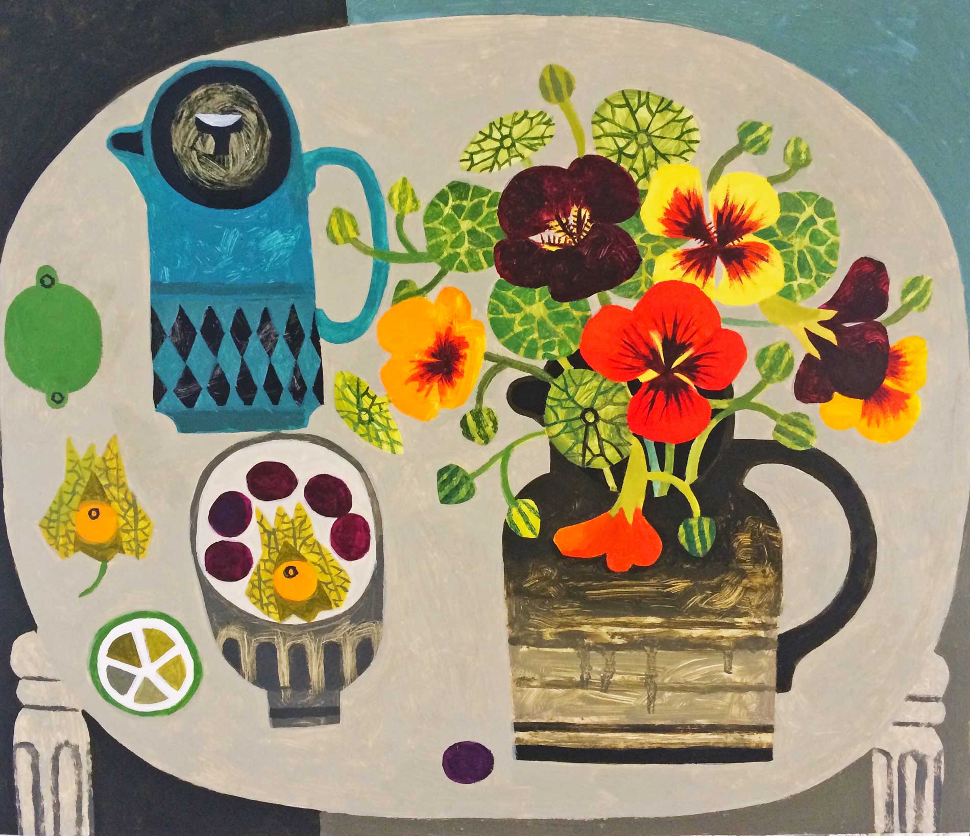 Nasturtiums, Blue Coffee Pot & Pear.   Paintings by Vanessa Bowman. Oil on card.