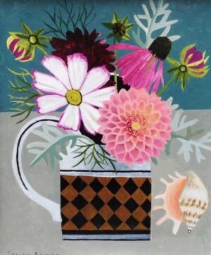 Pink Dahlias & Seashell.   Paintings by Vanessa Bowman. Oil on card.