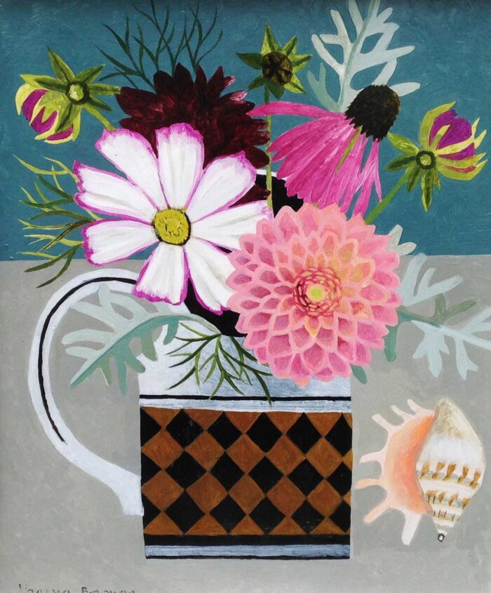 Pink Dahlias & Seashell.   Paintings by Vanessa Bowman. Oil on card.
