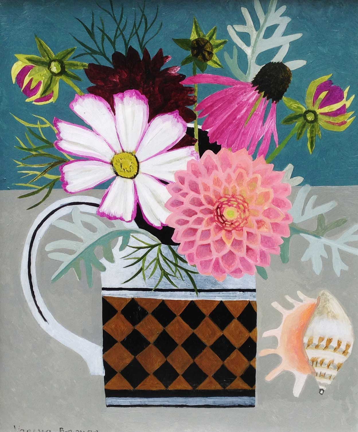 Pink Dahlias & Seashell.   Paintings by Vanessa Bowman. Oil on card.