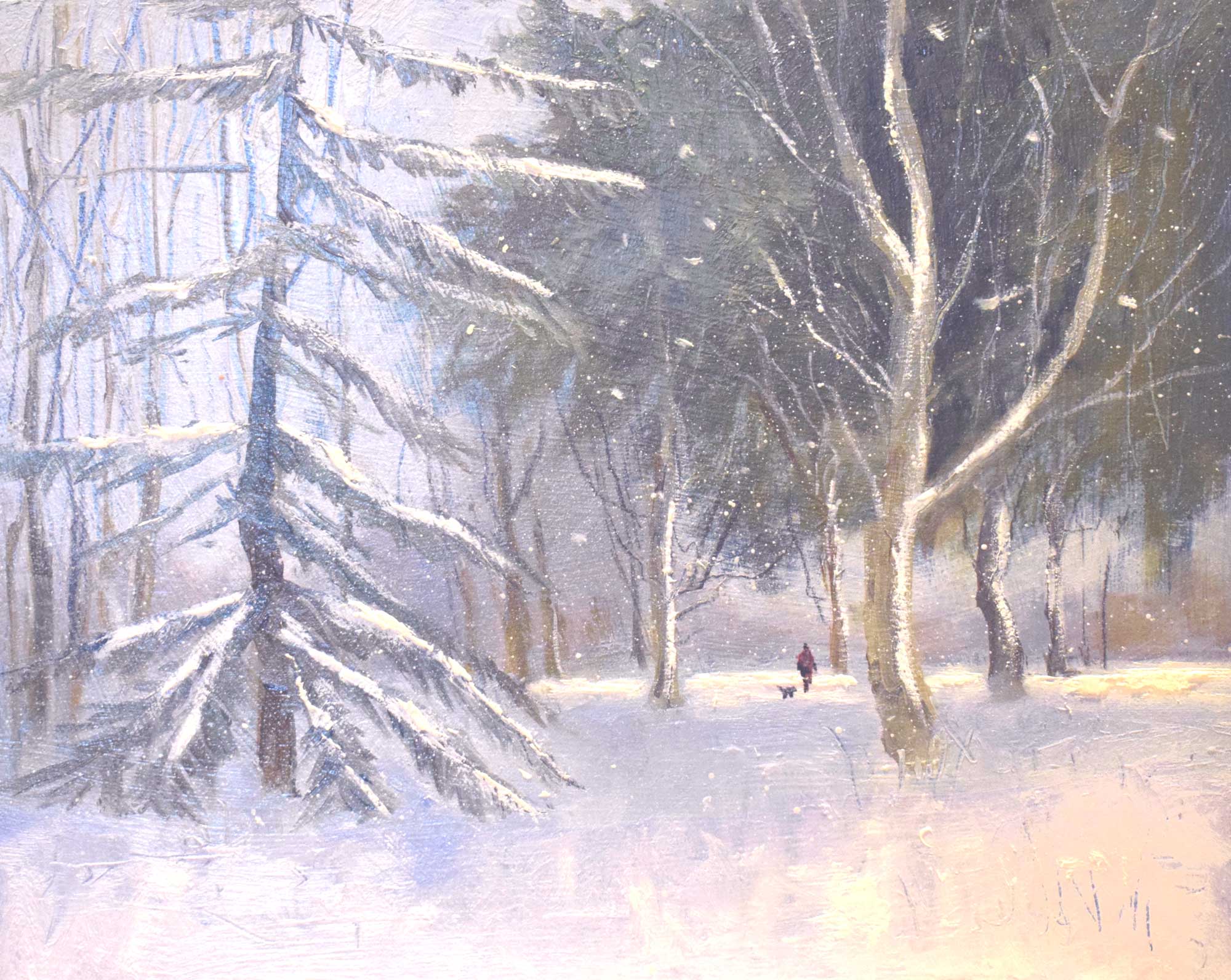 Snow Covered River Dart.   Paintings by Caroline McMillan Davey. Oil on board.