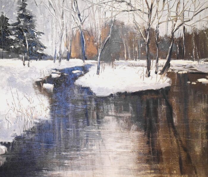 Snow Covered River Dart.   Paintings by Caroline McMillan Davey. Oil on board.