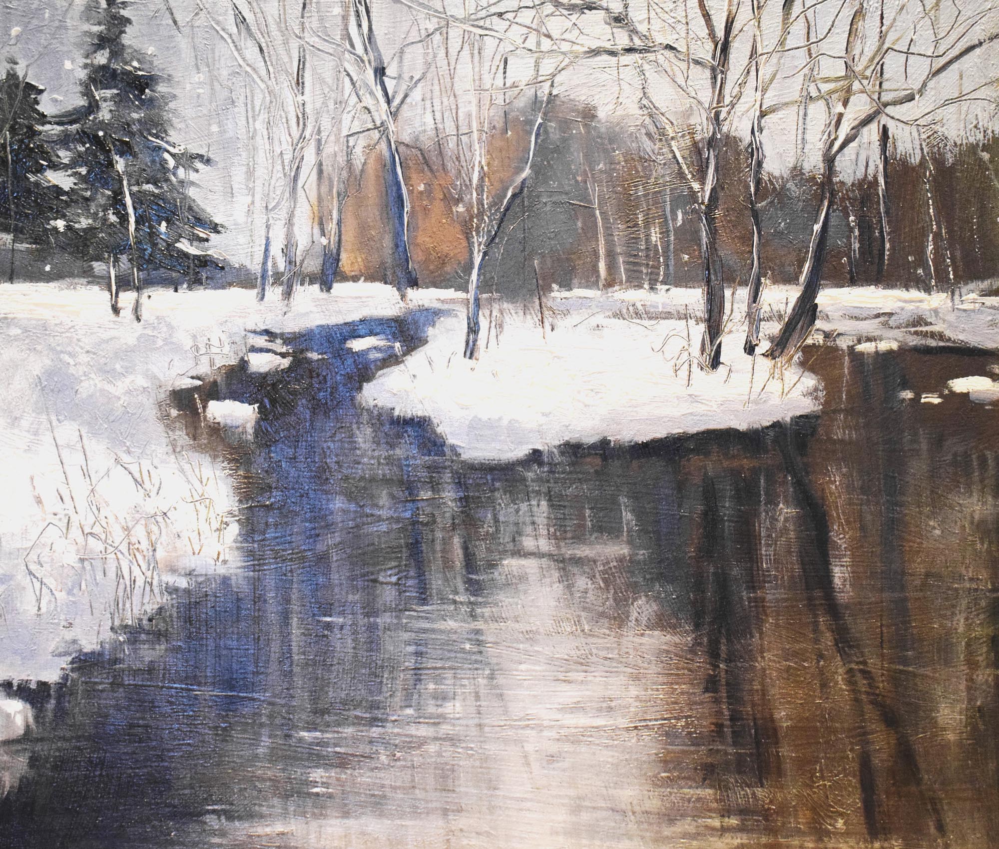 Snow Covered River Dart.   Paintings by Caroline McMillan Davey. Oil on board.