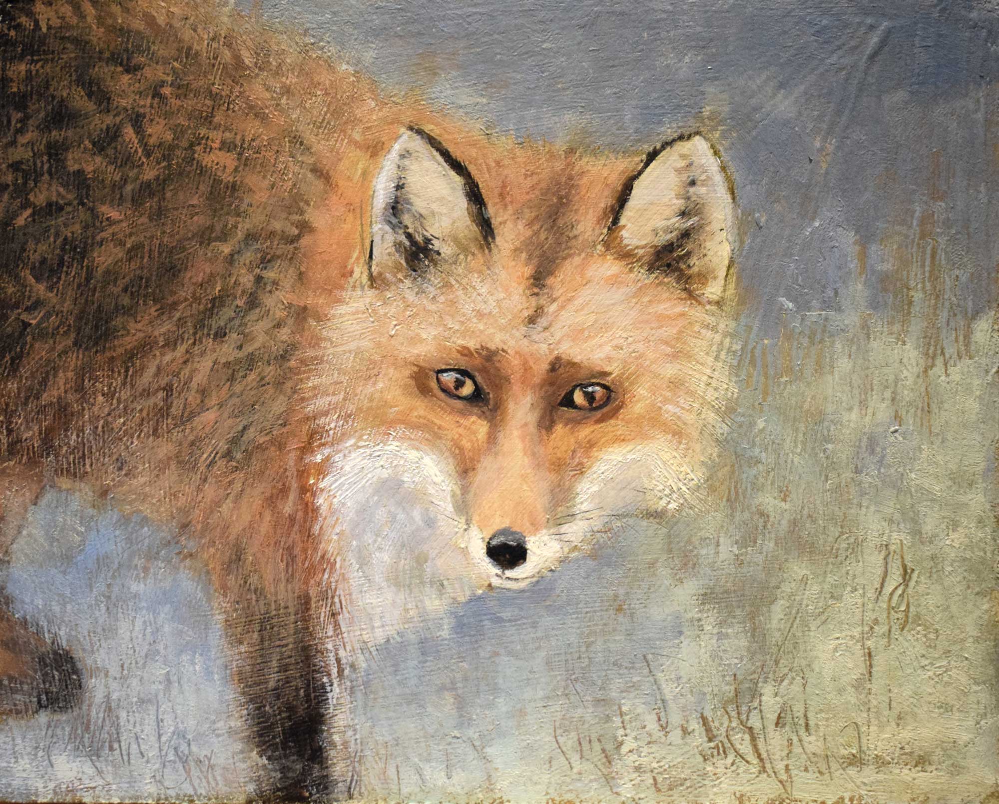 Snow Covered River Dart.   Paintings by Caroline McMillan Davey. Oil on board.